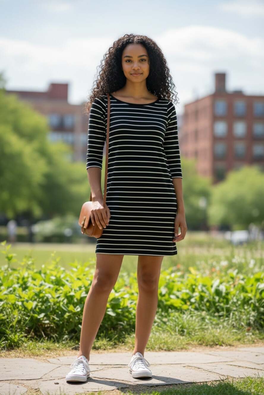 French Connection Black & White Striped 3/4 Sleeve Cotton Dress Size 8